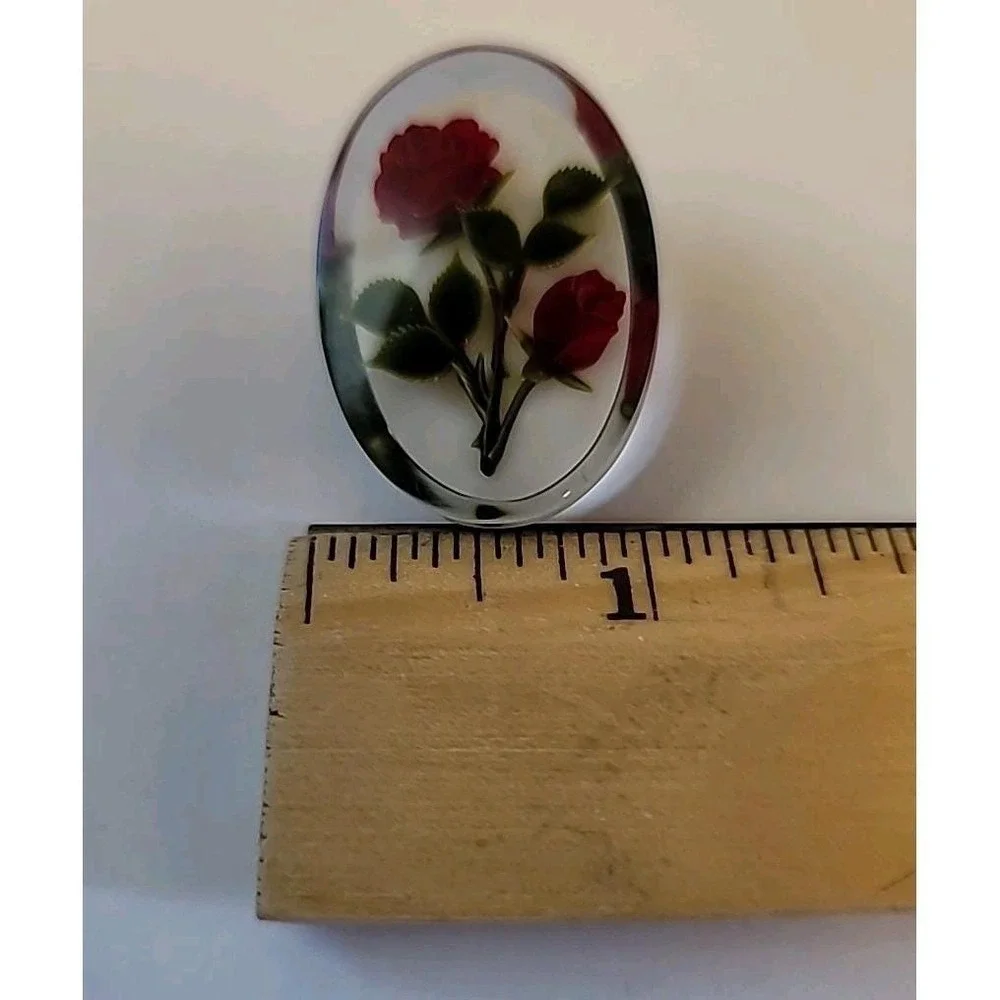 Vintage Oval Lucite Pin Brooch With Reverse Hand‎ Carved Red Roses Gem Tone